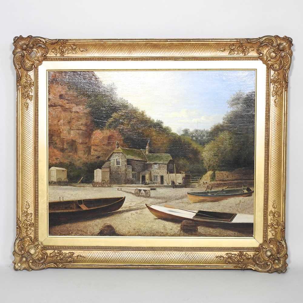 English school, 19th century, beach scene Isle of Wight, with bathing machines, oil on canvas, 56
