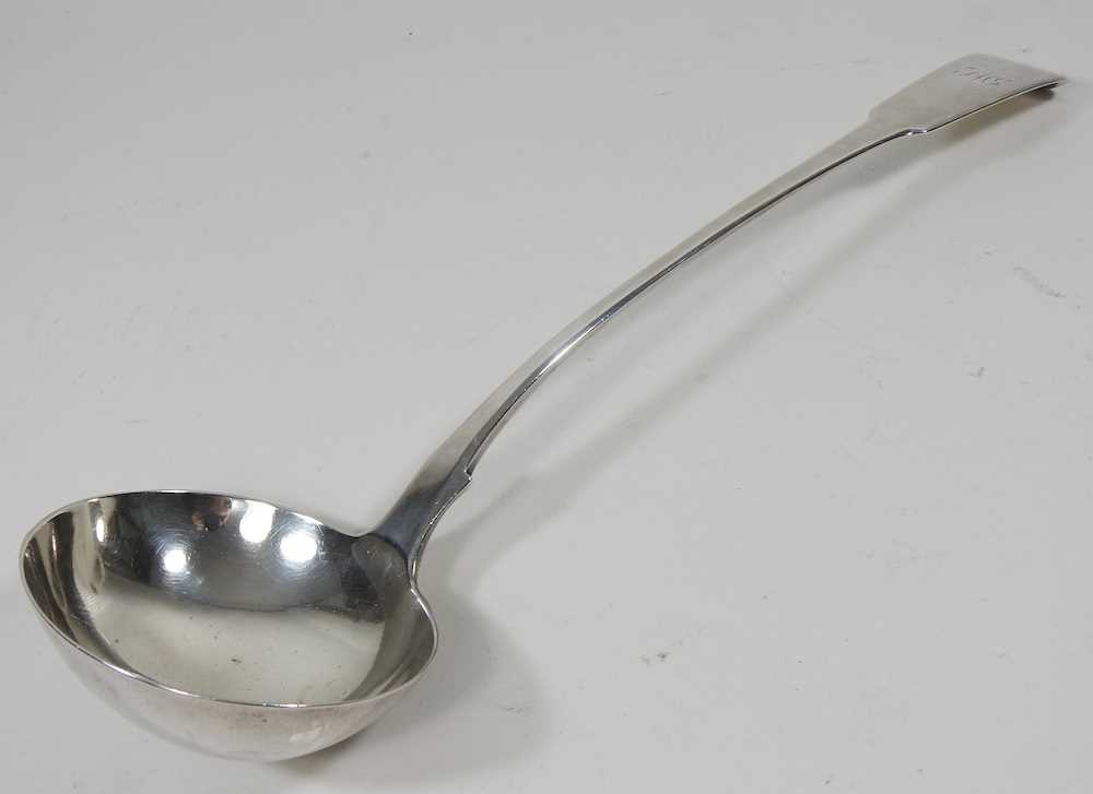 A George III silver fiddle pattern serving ladle, London 1790, 169g, engraved with a monogram, - Image 3 of 5