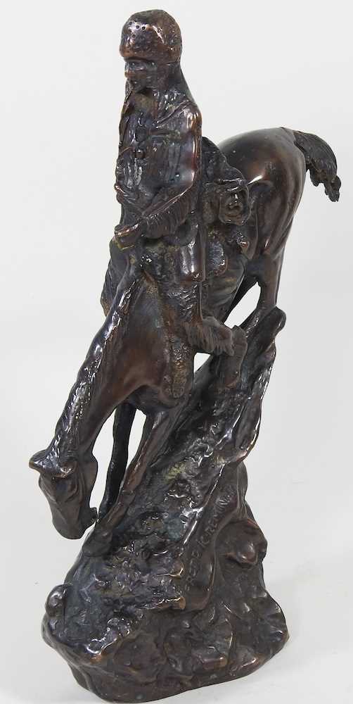 After Frederik Remington, 1861-1909, Mountain Man, patinated bronze figure, signed, 29cm high - Image 3 of 6