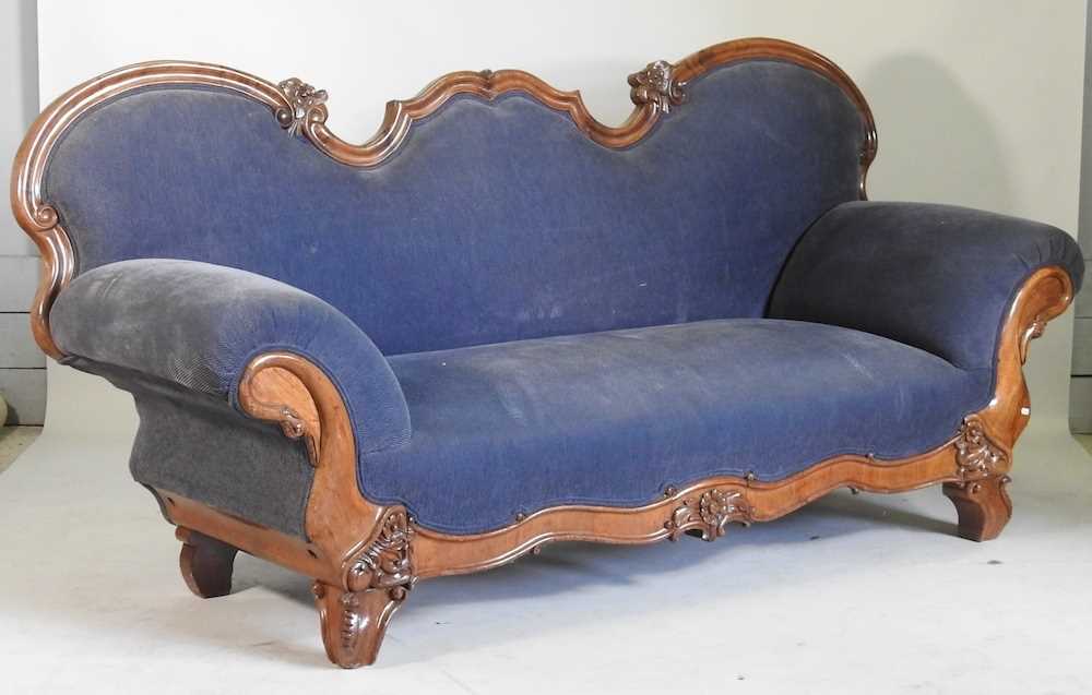 A large 19th century continental blue upholstered show frame sofa 228w x 79d x 106h cm - Image 3 of 7