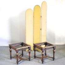A three-fold dressing screen, together with a pair of gilt table bases (3) Overall condition of