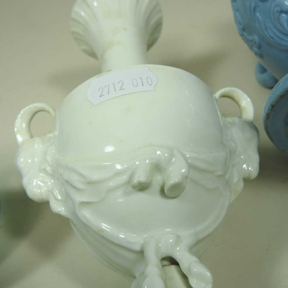 An early 20th century Berlin blanc de chine porcelain vase, decorated with masks, erased mark and - Image 3 of 7