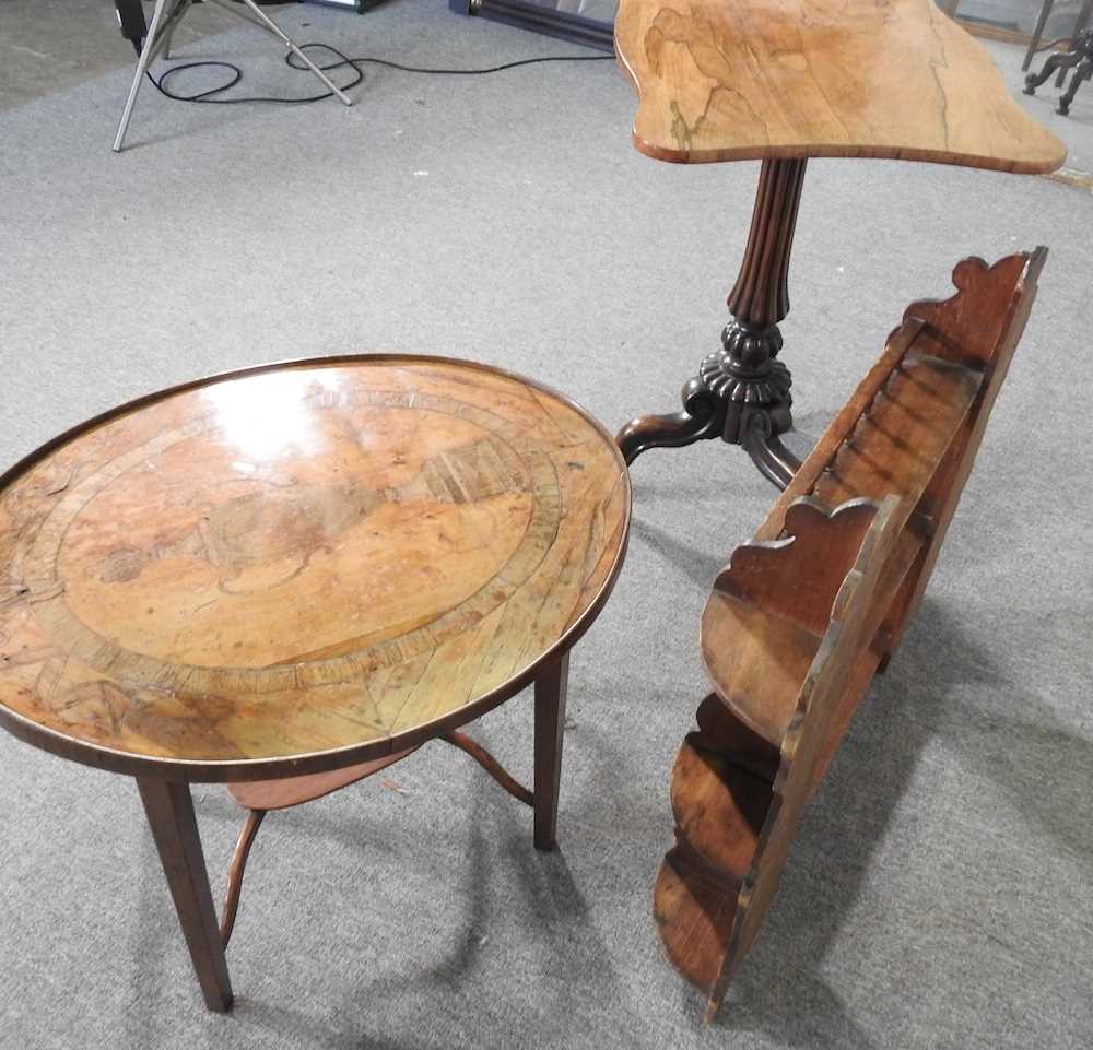 A Victorian tripod table, together with a marquetry occasional table and a three tier wall shelf ( - Image 8 of 9