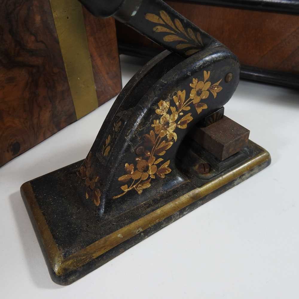 A Victorian walnut and brass bound writing slope, with a fitted interior, together with a - Image 2 of 4