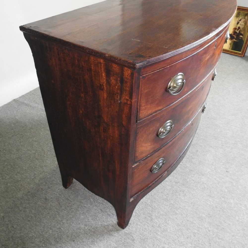 A 19th century mahogany bow front chest, containing three long drawers, on swept bracket feet 93w - Image 2 of 5