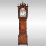 A George III oak and mahogany crossbanded cased longcase clock, with a swan neck pediment, the