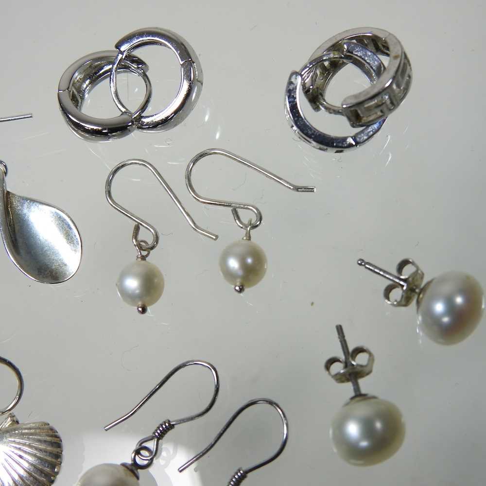 A pair of silver shell shaped pendant earrings, 2cm high, together with a collection of six pairs of - Image 3 of 3