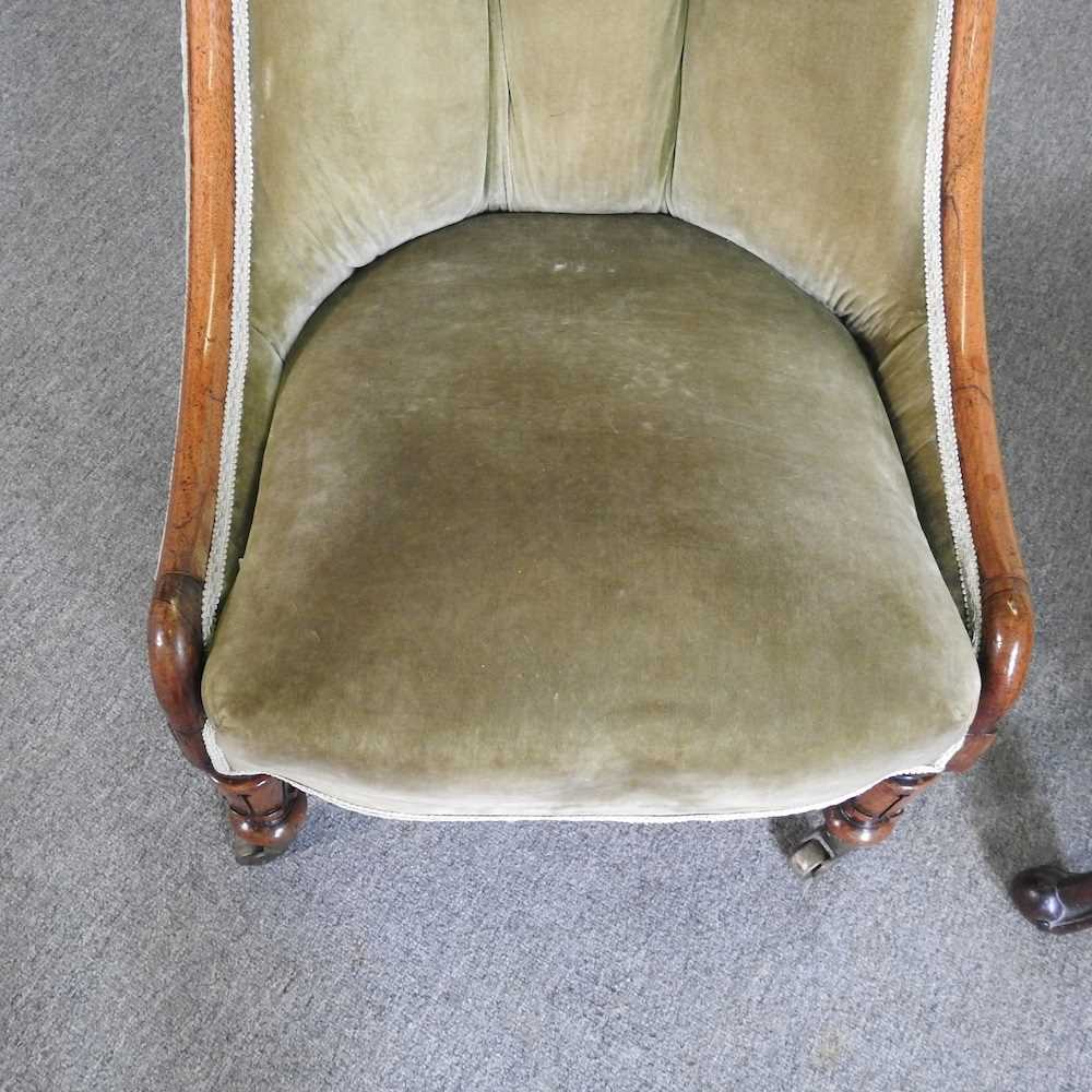 A Victorian green upholstered button back armchair, together with a 19th century cock fighting chair - Image 4 of 6