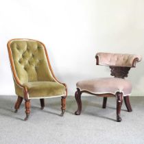A Victorian green upholstered button back armchair, together with a 19th century cock fighting chair