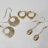 A pair of 9 carat gold cuff earrings, 1.8g, together with two other pairs of pendant earrings (3)