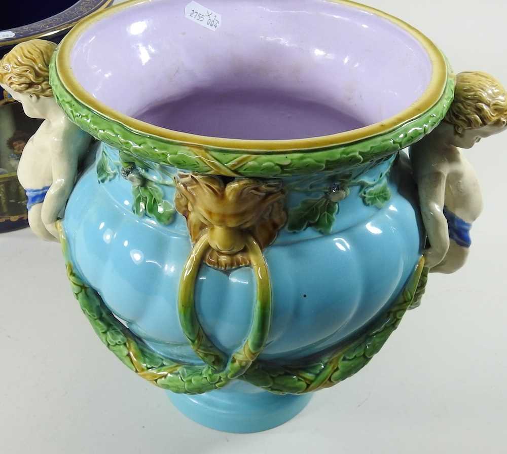 A Minton style majolica jardiniere, 26cm high, together with a Royal Limoges jardiniere, reserved - Image 4 of 6