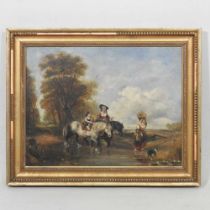English school, 19th century, landscape with figures and horses, oil on canvas, 34 x 45cm