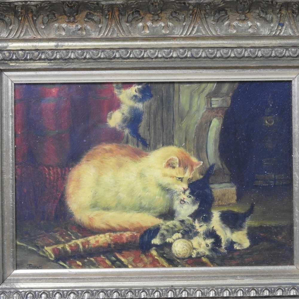 English school, 20th century, cat and kittens, oil on panel, 14 x 18cm - Image 3 of 6