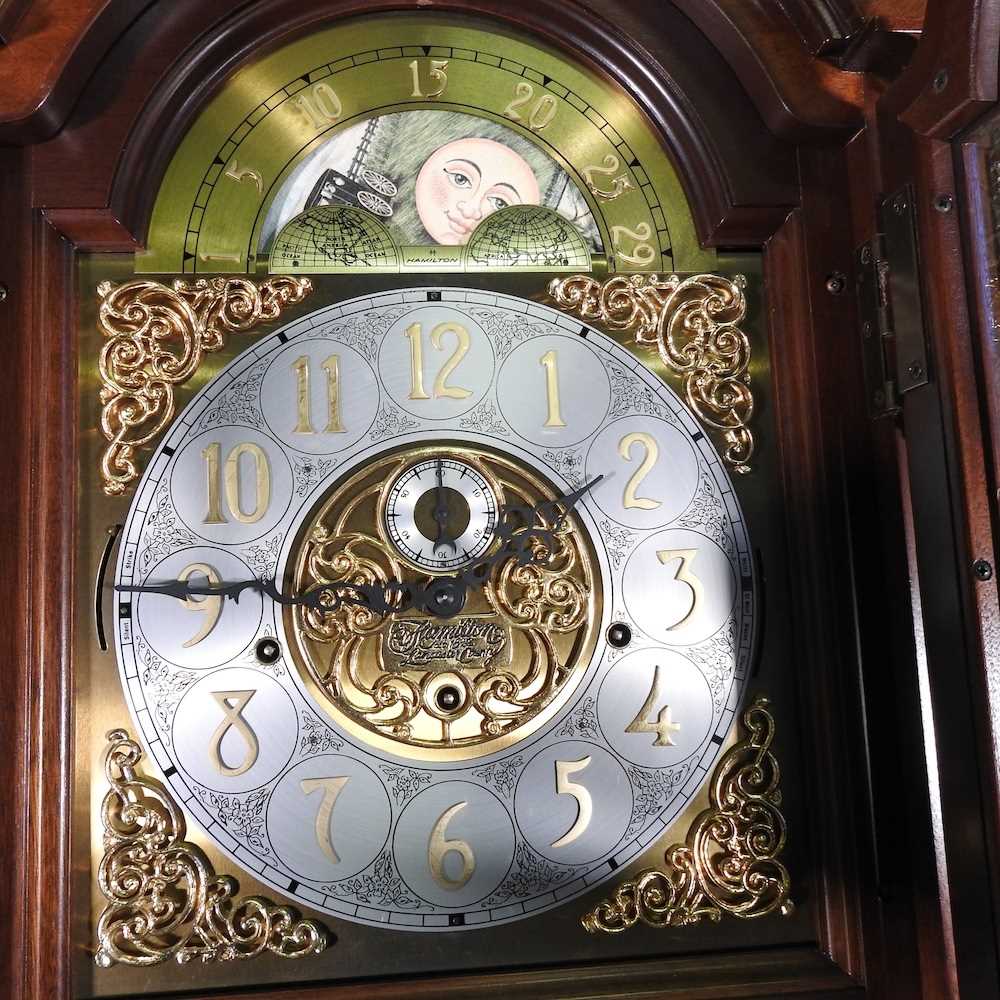 A modern teak cased longcase clock, the brass dial signed Hamilton, having a three train movement, - Image 2 of 8