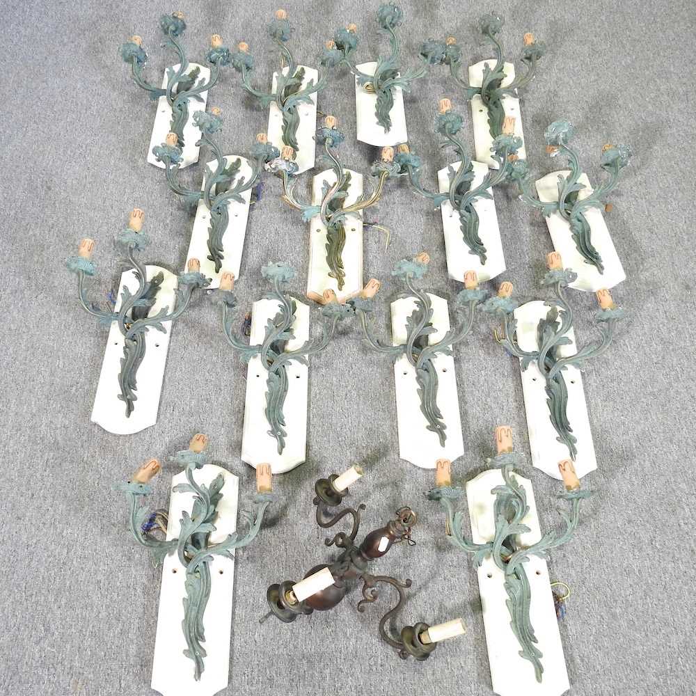 A set of fourteen Italian Possoni Illuminazione Foglia design verdigris three branch wall appliques,