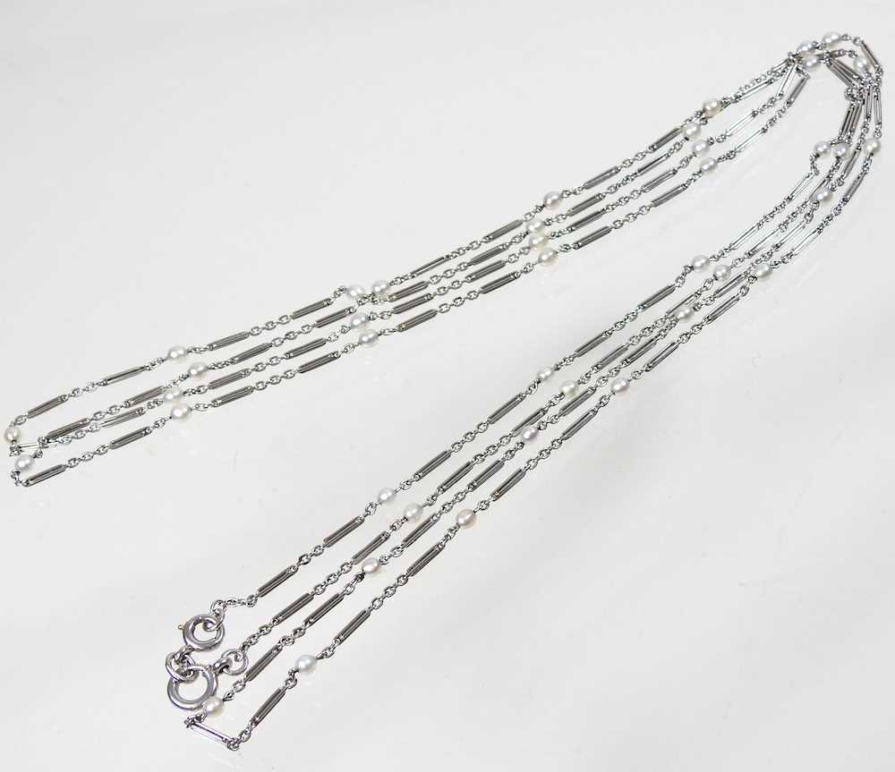 An unmarked platinum and seed pearl set guard chain, 20g, 150cm long - Image 3 of 3