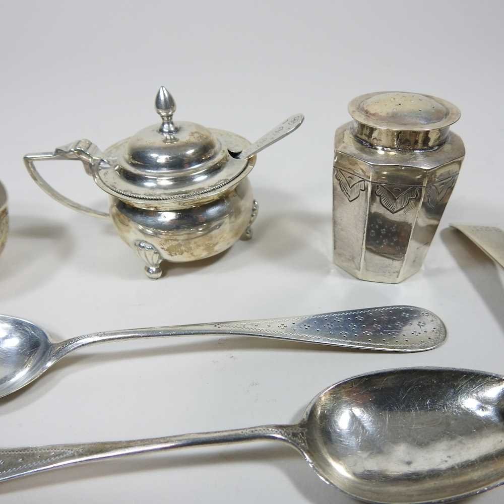 An early 20th century silver three piece condiment set, together with a collection of silver and - Image 3 of 5