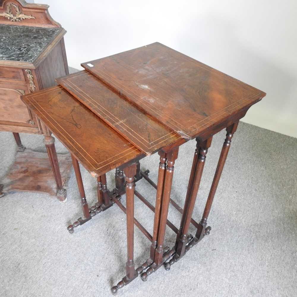 A rosewood nest of three occasional tables, together with an early 20th century French marble top - Image 3 of 5