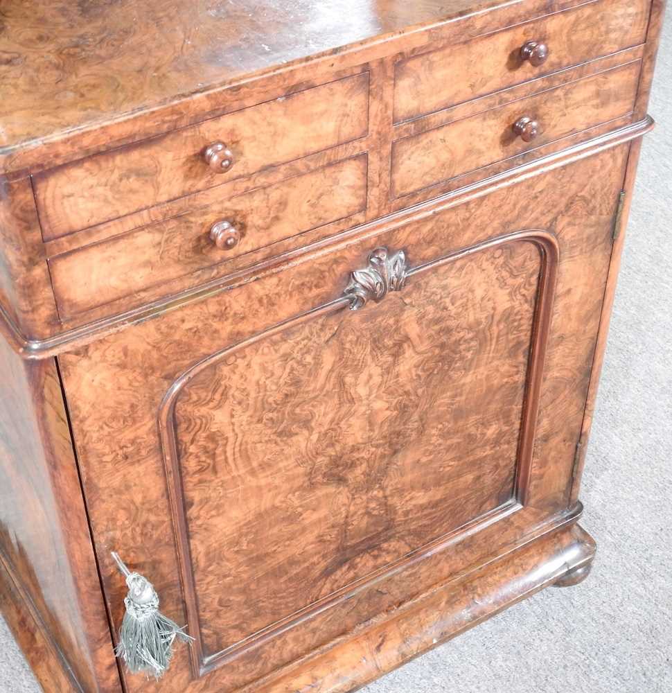 A good Victorian burr walnut mirror back music cabinet, with a fret carved gallery, above four short - Image 2 of 6