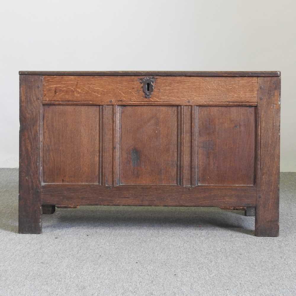 An 18th century oak coffer, with a hinged lid 93w x 39d x 58h cm - Image 3 of 8