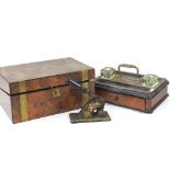 A Victorian walnut and brass bound writing slope, with a fitted interior, together with a