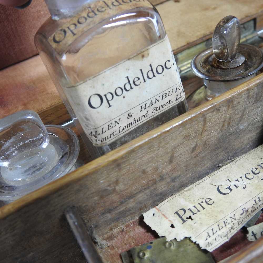 A 19th century oak cased apothecary box, the fitted interior containing labelled glass medicine - Image 7 of 13