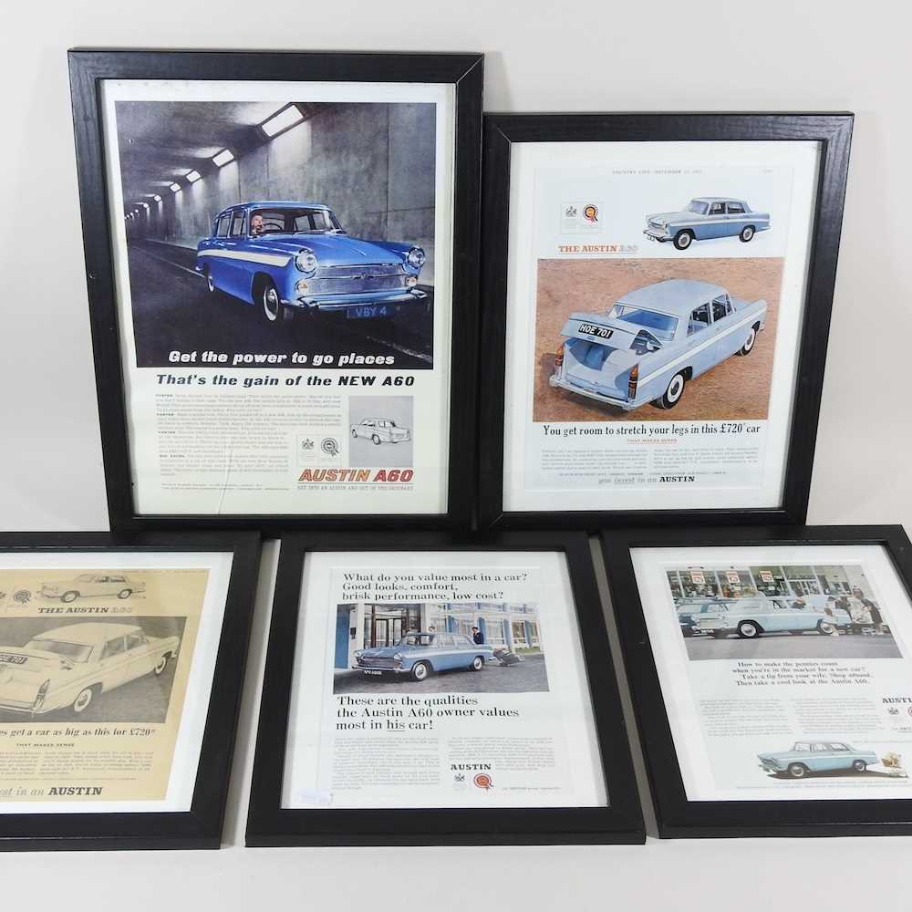 A collection of five vintage Austin car advertisements, framed (5)