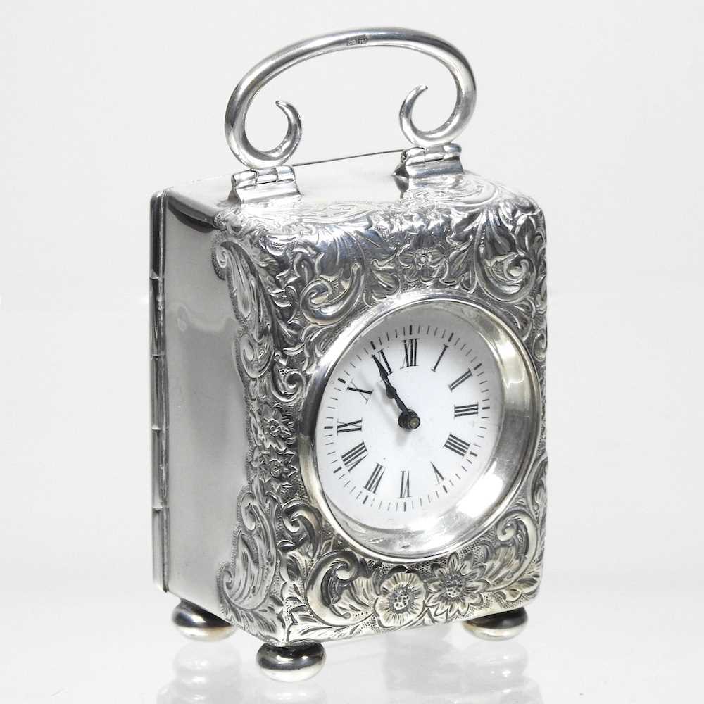 A Victorian silver cased boudoir clock, having a white enamel dial and French movement, Birmingham - Image 11 of 11