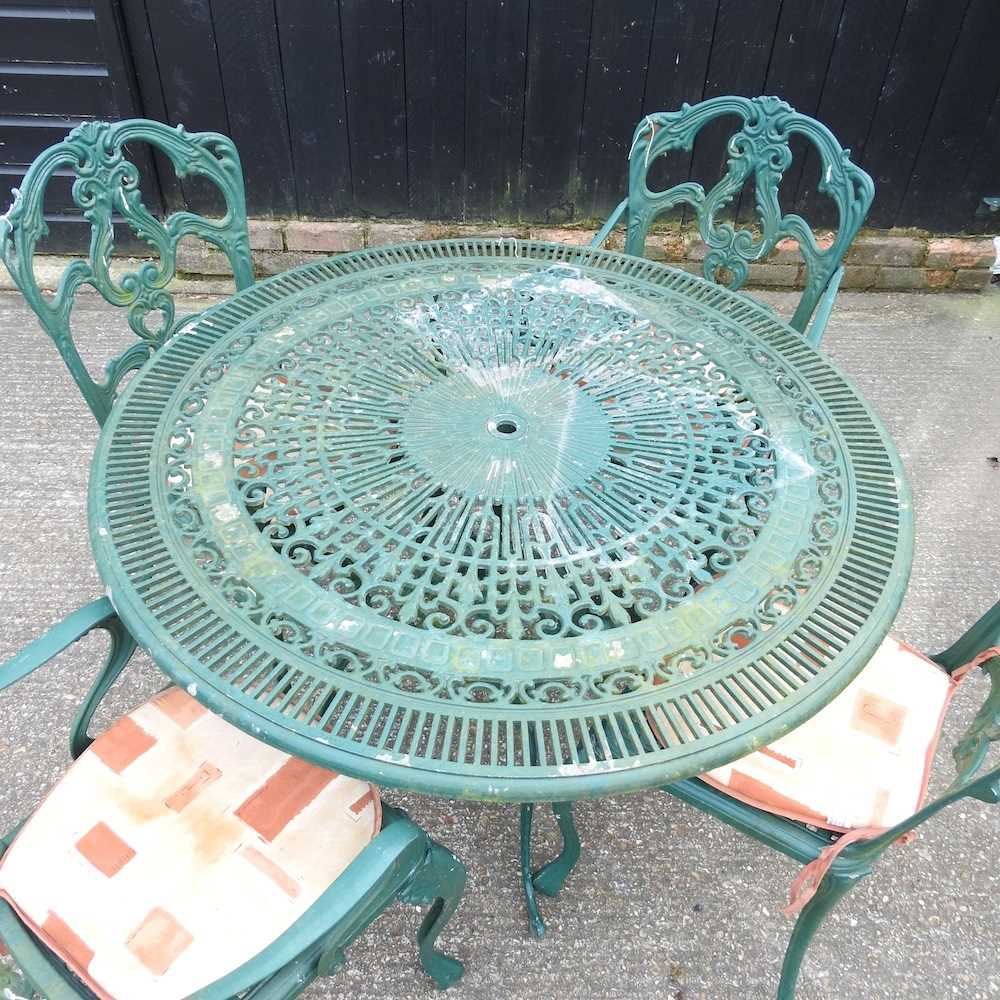 A green painted garden table, together with four matching chairs, with cushions - Image 4 of 4