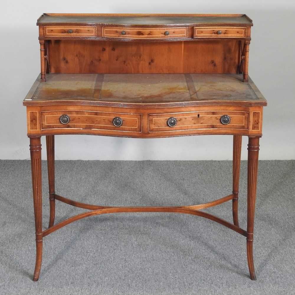 A reproduction yew wood writing desk, on splayed legs 95w x 49d x 103h cm - Image 3 of 7