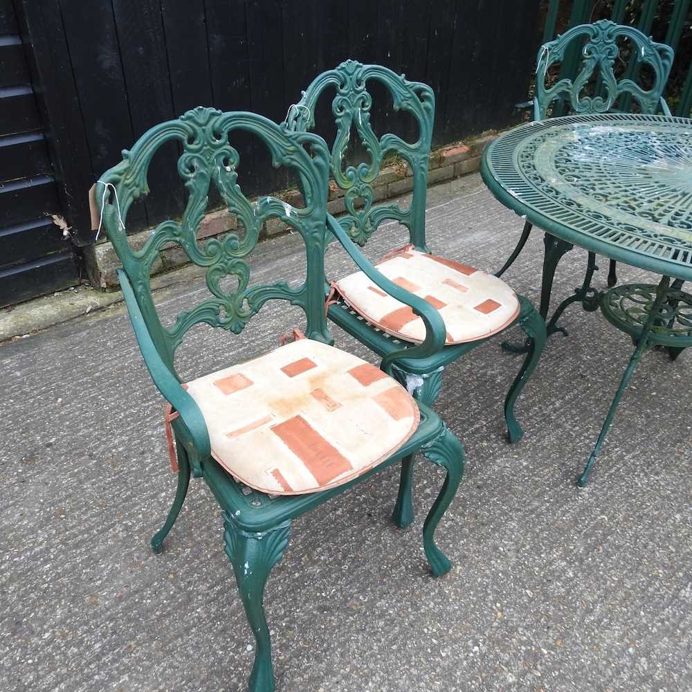 A green painted garden table, together with four matching chairs, with cushions - Image 2 of 4