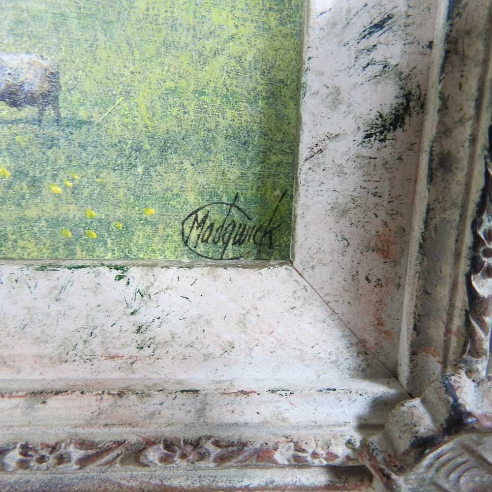 Clive Madgwick, RBA, 1934-2005, Lavenham Church, with sheep in the foreground, signed oil on - Image 2 of 6