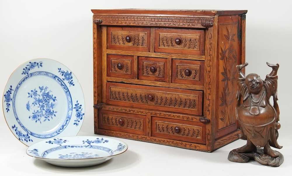 A Chinese carved collector's chest, 37cm wide, together with a pair of 18th century Chinese - Image 3 of 13