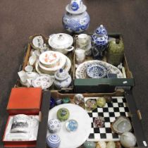 A collection of decorative china, glass paperweights and stone items