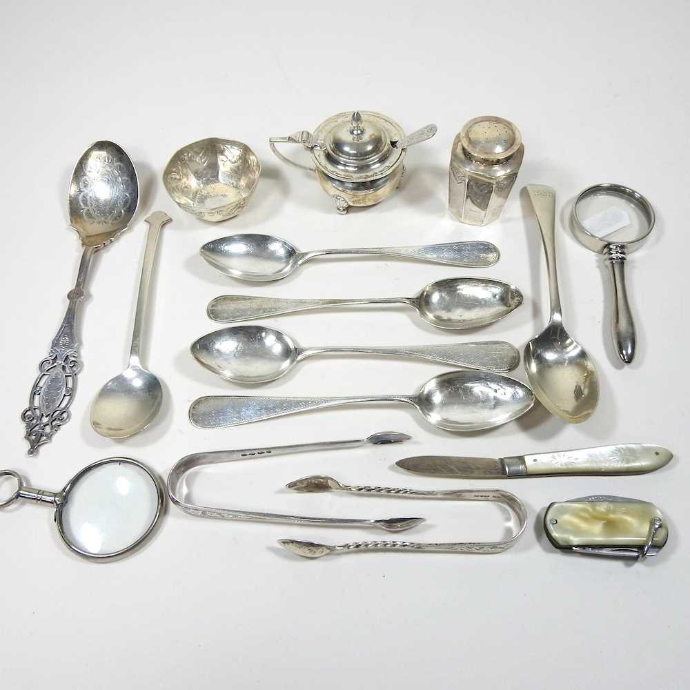 An early 20th century silver three piece condiment set, together with a collection of silver and