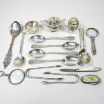 An early 20th century silver three piece condiment set, together with a collection of silver and