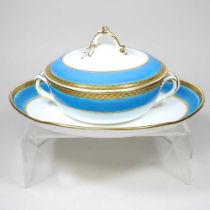 A 19th century Minton tureen and cover on stand, with a blue and gilt border, impressed marks to