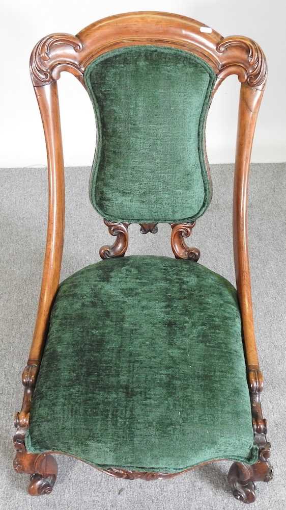 A Victorian carved walnut and green upholstered nursing chair, on cabriole legs - Image 3 of 4