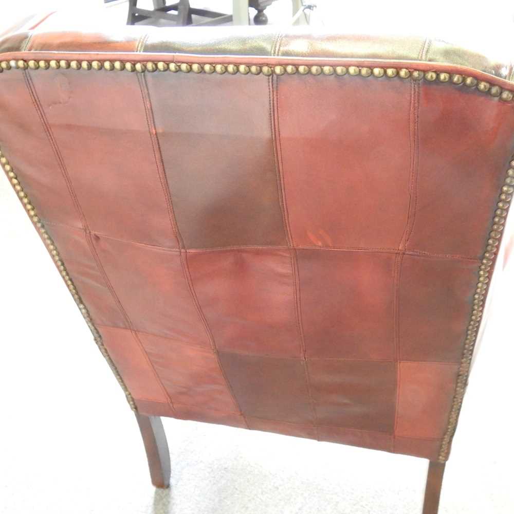 A Georgian style leather upholstered button back wing armchair, mid 20th century, on square legs - Image 5 of 6