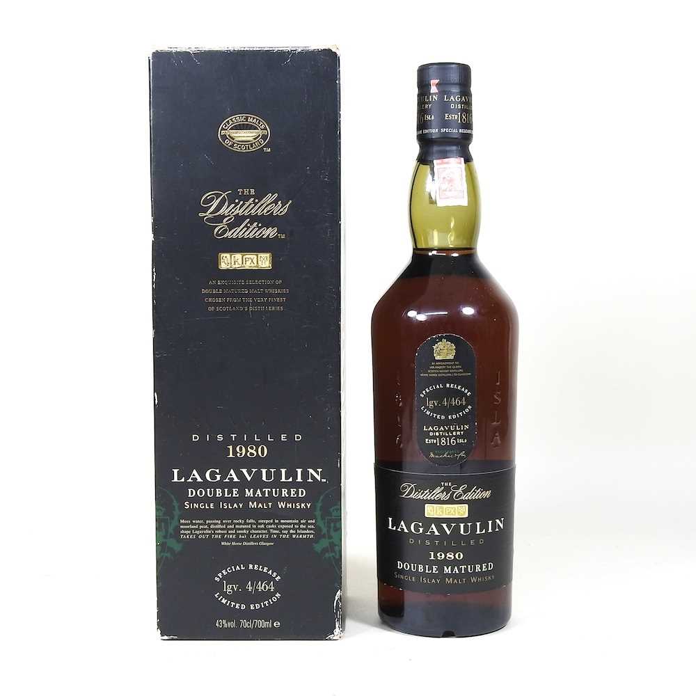 Lagavulin single Islay malt whisky, Distiller's Edition 1980, double matured special release,