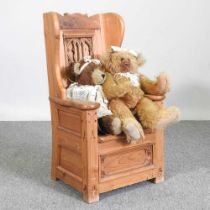 A carved pine child's chair, together with a Changle plush teddy bear, Cecilia, 42cm high and a