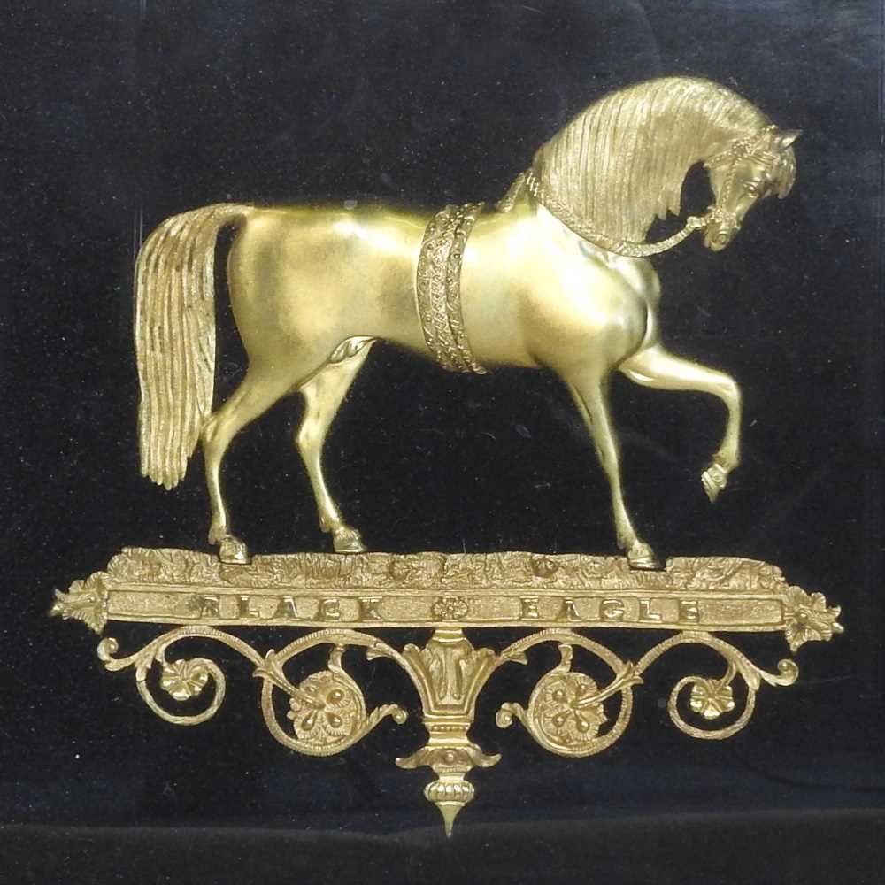 A 19th century relief gilt metal of a horse in profile, inscribed Black Eagle, mounted and framed, - Image 3 of 8