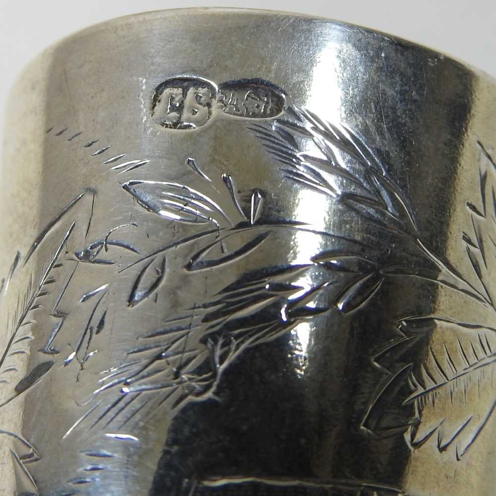 A Russian silver liqueur set, engraved with flowers, with six stem shot cups, 7cm high, on a - Image 3 of 6