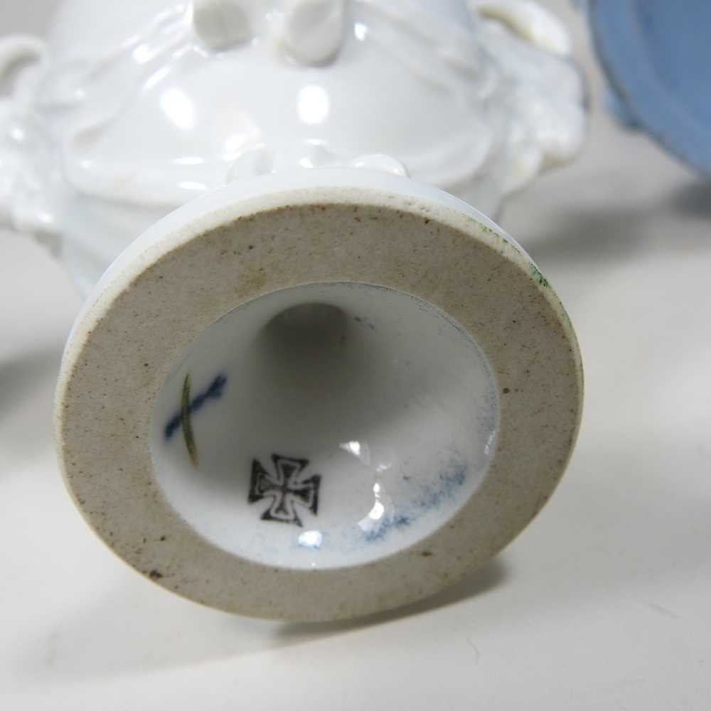 An early 20th century Berlin blanc de chine porcelain vase, decorated with masks, erased mark and - Image 7 of 7