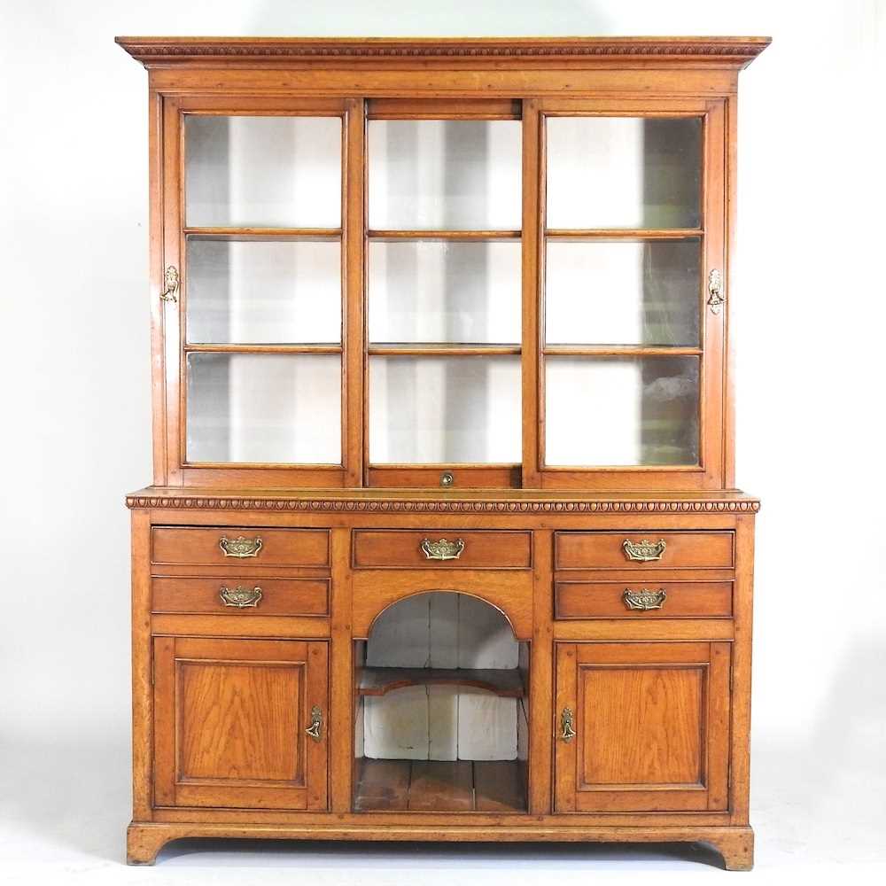 A late Victorian light oak dog kennel dresser, with a glazed plate rack, containing an arrangement - Image 2 of 12