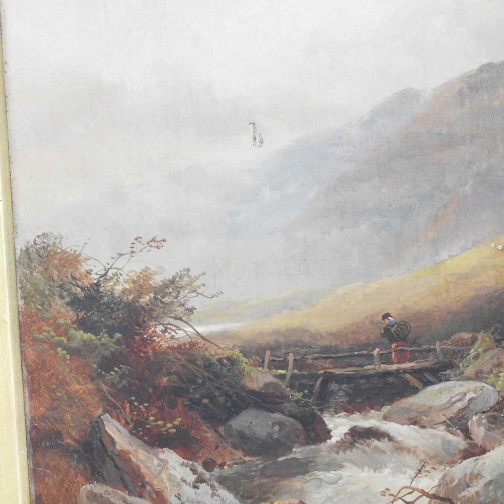 Joseph Horler, 1809-1887, river landscape with figure on a bridge, signed oil on canvas, 55 x 45cm - Image 2 of 4