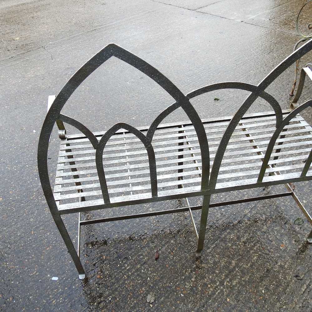A grey painted metal gothic style garden bench 106w x 44d x 100cm - Image 2 of 4