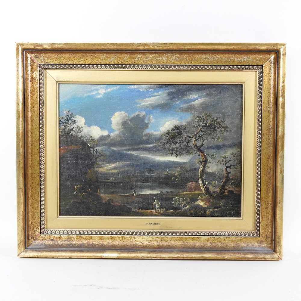 After P Nasmyth, 19th century, landscape with figures, oil on board, 22 x 30cm