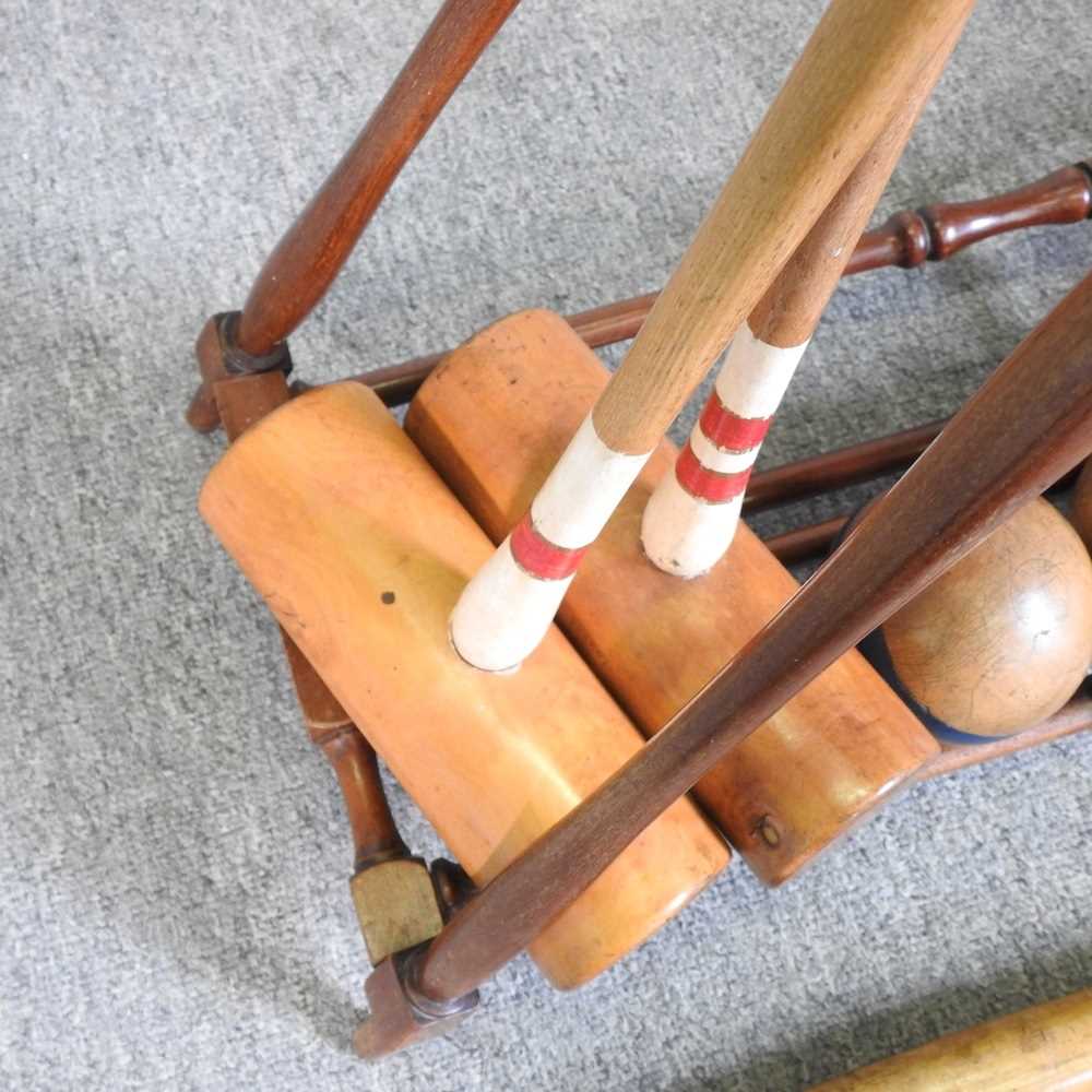 A mid 20th century F.H. Ayers, London wooden The Usborne patent Croquet Carrier Stand, with four - Image 7 of 14