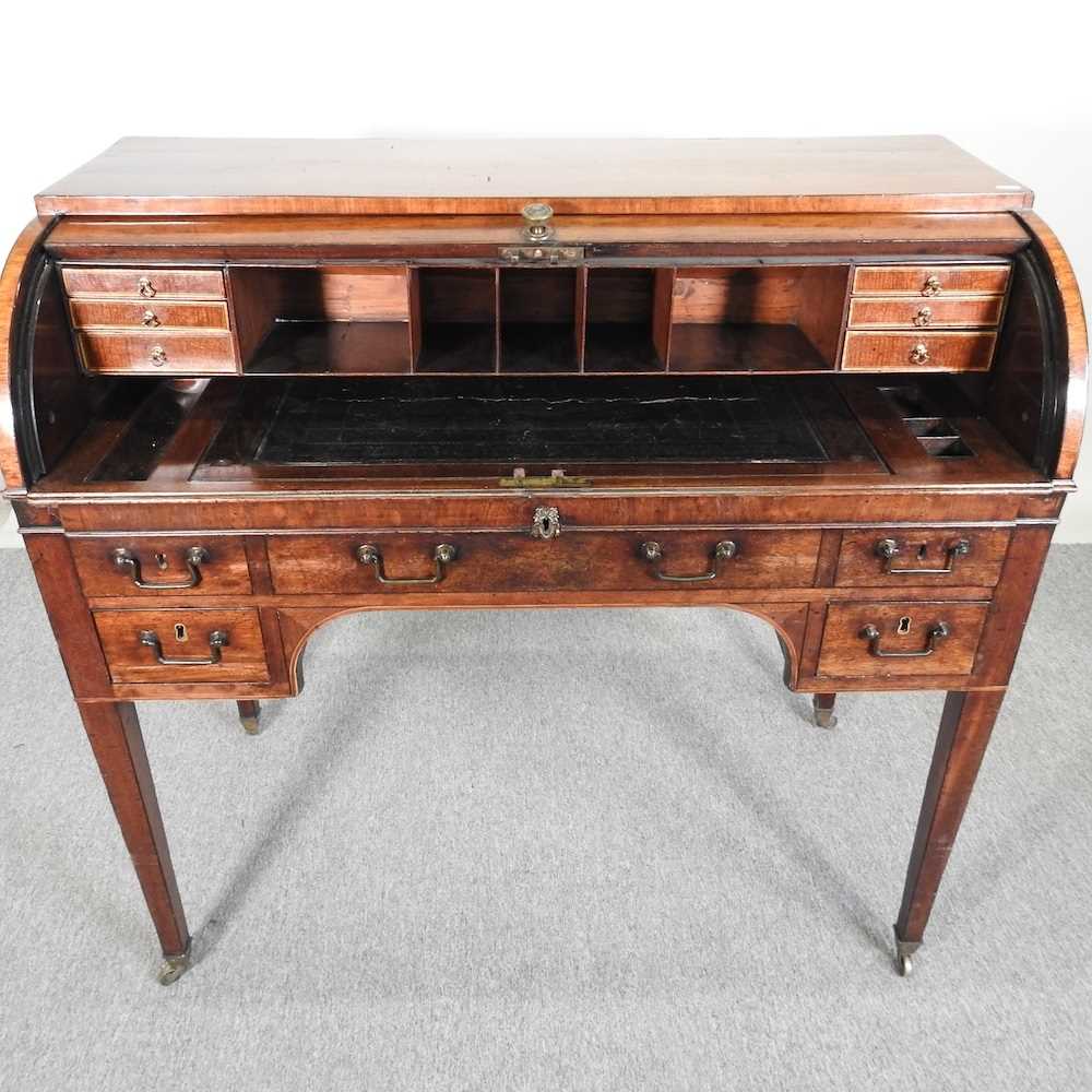 A George III mahogany cylinder desk, with satinwood inlay and ebony stringing, the fitted interior - Image 4 of 11